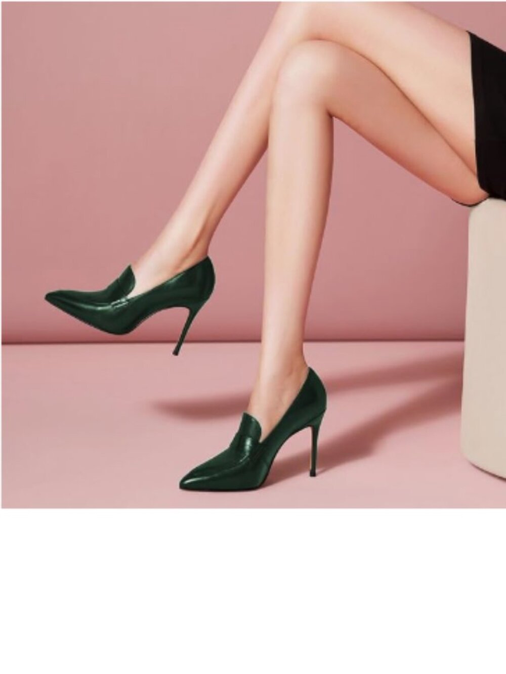 miss left Green High Heel Loafer Pumps with Trim Closed Pointed Toe Slip on Shoe